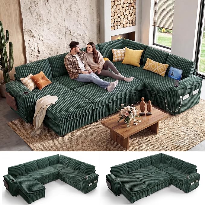 WEUP 111" Modular Sectional Sleeper Sofa with Pull Out Bed, 7 Seat Plush Corduroy L Shaped Couch with Storage Chaise|USB Ports|Cup Holders|Side Table|Storage Armrests, Tool Free Assembly, Green