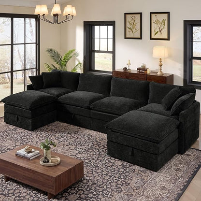 Ihanherry 135” Modular Sectional Sofa with Storage, U Shaped Cloud Couch with Movable Ottomans & 4 Pillows, Chenille Deep Seat Sectional Couches for Living Room, Apartment (Black)