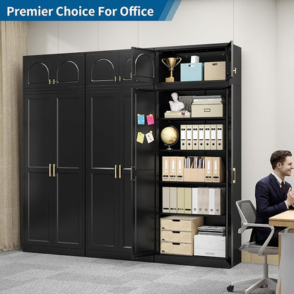 86" Tall Metal Kitchen Pantry Storage Cabinet with Doors | Extra Large Heavy Duty Steel Cabinet, 4 Adjustable Shelves, Easy-Access Gold Handles, Black, 2 Packages, Home Office