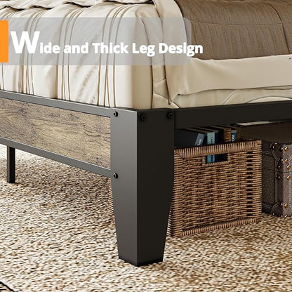 LIKIMIO King Bed Frame, Storage Headboard with Charging Station, Solid and Stable, Noise Free, No Box Spring Needed, Easy Assembly (Walnut and Beige)