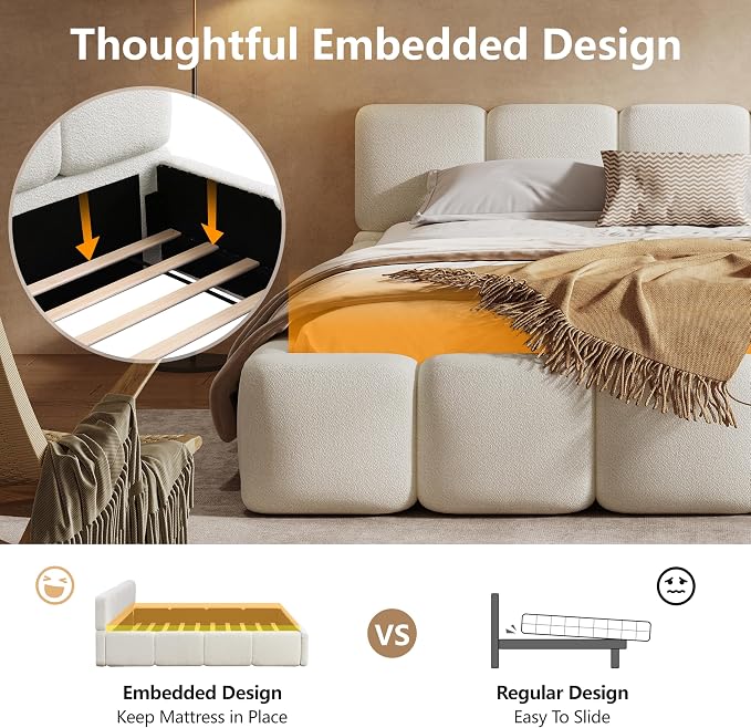Merax King Size Boucle Platform Bed with Thick Headboard and Footboard, Block Style Upholstery Floor Bed Frame, White