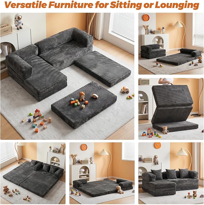 6-in-1 Boneless Couches L-Shaped Modular Sectional Sofa | Cloud Couch Sectional & Tri-Folding Mattress | Corduroy Pet-Friendly Convertible Sofa Bed with 800LB Capacity Apartment, Guest Room