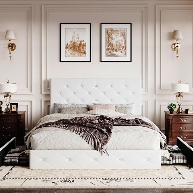 SHA CERLIN Queen Platform Bed Frame with 4 Oversized Storage Drawers, Adjustable Headboard with Velvet Upholstery, Diamond Button Tufted Design, Wooden Slat Support, No Box Spring Needed, White