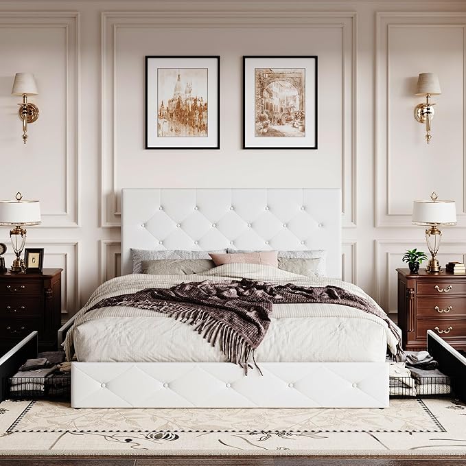 SHA CERLIN Full Size Platform Bed Frame with 4 Oversized Storage Drawers, Adjustable Headboard with Velvet Upholstery, Diamond Button Tufted Design, Wooden Slat Support, No Box Spring Needed, White