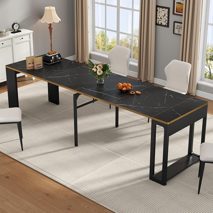 Extendable Dining Table, Transformer Folding Console Table for 2-8 People, 17"-112" Space Saving Dining Room Table, Wood Black Faux Marble Dining Table, Kitchen and Dining Room Furniture (No Chairs)