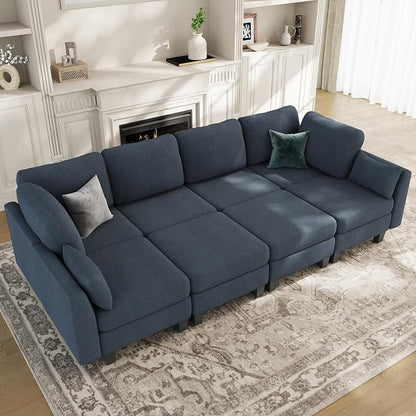 Sectional Sleeper Sofa, 8 Seaters Modular Sleeper Sofa Couch, Comfy Sectionals Couches Bed, Convertible Sofas with Ottomans, Modular Sectional Couches for Living Room, Blue