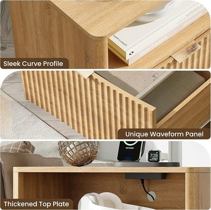Night Stand with Charging Station, Modern Bedside Table with Drawer & Open Shelf Storage, Small Space Sidetable for Bedroom, Natural Oak