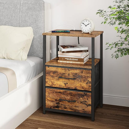 TUTOTAK End Table with Charging Station, Night Stand, Side Table with 2 USB Ports and Outlets, Nightstand with Cloth Drawer, Bedside Table for Livingroom, Bedroom Brown TB01BB088