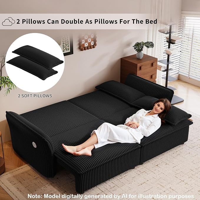 85" Pull Out Sofa Bed Full Size, Pre-Assembled Corduroy Sleeper Sofa, Convertible Loveseat Futon Couch with Storage Ottoman, USB, Pillows, for Apartment, Living Room, Small Spaces, Black