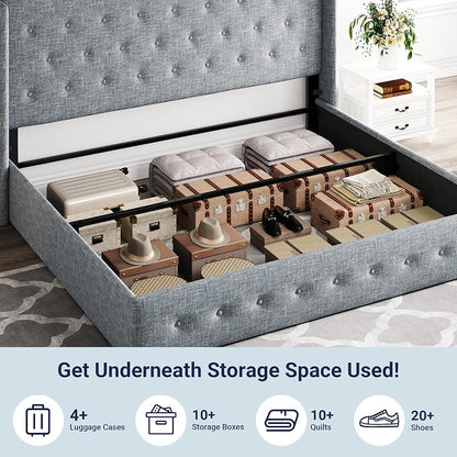 Allewie King Size Lift Up Storage Bed, Button Tufted Headboard with Wingback, Hydraulic Support, No Box Spring Needed, Grey Blue