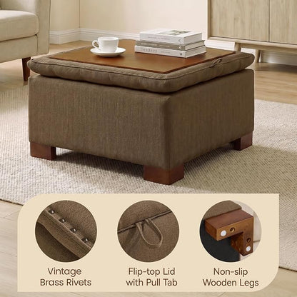 30 Inch Square Storage Ottoman Coffee Table, Modern Tufted Upholstered Ottoman with Flip Tray and Solid Wood Legs, Suitable for Living Rooms, Linen Brown