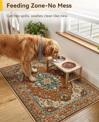 RELEANY Area Rugs Small 2'x3' Washable Non-Slip, Floral Vintage Distress Medallion Carpet for Kitchen Entryway Bathroom, Red Orange Blue Brown
