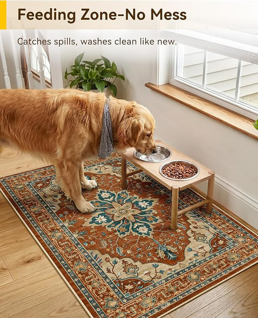 RELEANY Area Rugs Small 2'x3' Washable Non-Slip, Floral Vintage Distress Medallion Carpet for Kitchen Entryway Bathroom, Red Orange Blue Brown