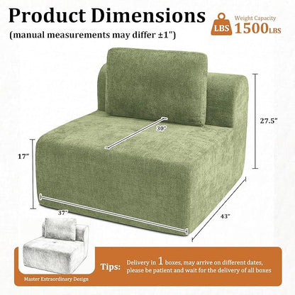 37" Oversized Boneless Couch, Comfort Cloud Sectional Couches for Living Room, Modular Sofa High Back & Extra Deep Seat, No Assembly, Soft Chenille Fabric (Olive Green, 37 inch-Single Seat)