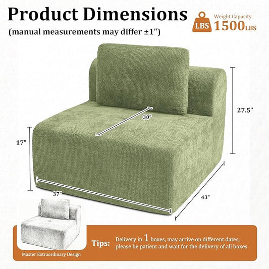 37" Oversized Boneless Couch, Comfort Cloud Sectional Couches for Living Room, Modular Sofa High Back & Extra Deep Seat, No Assembly, Soft Chenille Fabric (Olive Green, 37 inch-Single Seat)