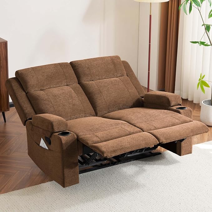 GUEAPY 55" Loveseat Reclining Sofa with Cup Holders – Manual Double Reclining Sofa for Aprtment & Small Spaces, Chenille Fabric Reclinig Couch with Wide Armrests & Side Storage for Livingroom Brown
