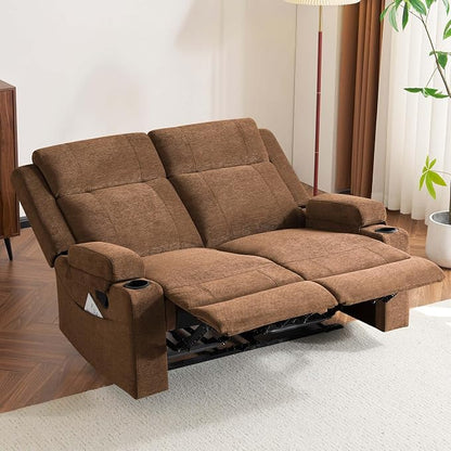 GUEAPY 55" Loveseat Reclining Sofa with Cup Holders – Manual Double Reclining Sofa for Aprtment & Small Spaces, Chenille Fabric Reclinig Couch with Wide Armrests & Side Storage for Livingroom Brown