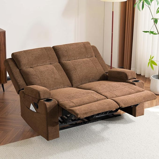 GUEAPY 55" Loveseat Reclining Sofa with Cup Holders – Manual Double Reclining Sofa for Aprtment & Small Spaces, Chenille Fabric Reclinig Couch with Wide Armrests & Side Storage for Livingroom Brown