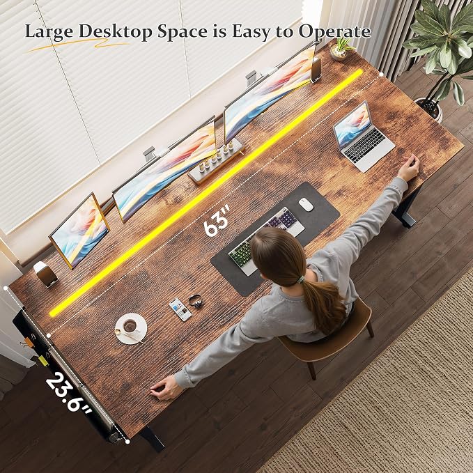 DurayLoly 63" Home Office Desk with LED Lights,Computer Desk for 2 Monitors or 2 laptops,Spacious Under-Desktop for Study Writing Work Gaming Desk,Sturdy Metal Frame,Bedroom,Rustic Brown