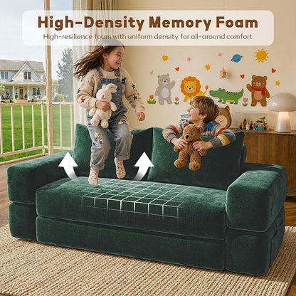 75'' Folding Convertible Sofa Bed with Large Pillow, 4-in-1 Foldable Pull Out Futon Sofa Bed, Chenille Boneless Mattress Couch, No Assembly Floor Sleeper Sofa Bed for Living Room/Bedroom, Dark Green
