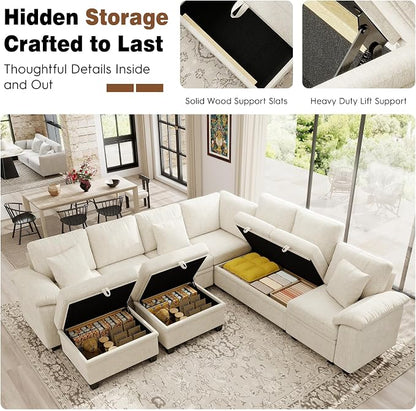 Ihanherry 108" Modular Sectional Sofa with Pull Out Bed, 9-Seater U Shaped Sectional Sleeper Couch with Storage, Chenille Convertible Couches for Living Room, Apartment (Beige)