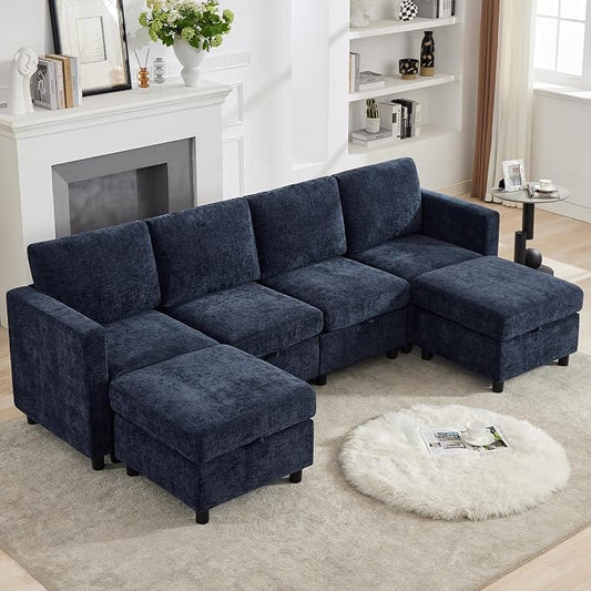 WUTUTUEE 107'' Modular Sectional Sofa Convertible U Shaped Sofa Couch Set with Storage for Living Room, Modern 6 Seater Modular Sectional Couch with Movable Ottoman, Chenille Navy