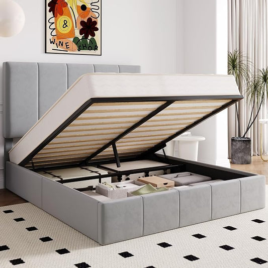 Allewie Queen Size Velvet Lift Up Storage Bed Frame, Vertical Channel Tufted Headboard, Hydrualic Underneath Storage, Upholstered Platform Bed, Wooden Slats Support, No Box Spring Needed, Gray
