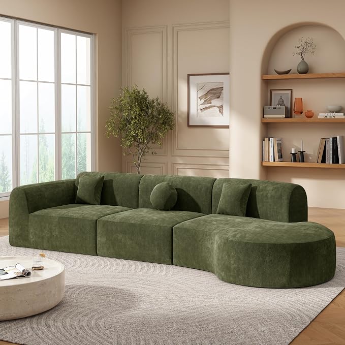 Merax 3-Piece 140" Sectional Modular Sofa Set, 4 Seat Curved Modern Cloud Couch with Chaise Lounge, 3 Pillows, Fully Assembled High-Density Compressed Sponge for Living Room, Green