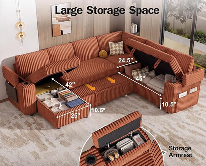 Vipbear 111" Modular Sectional Sleeper Sofa with Pull Out Bed, 7 Seat Plush Corduroy L Shaped Couch with Storage Chaise|USB Ports|Cup Holders|Side Table|Storage Armrests, Tool Free Assembly, Orange