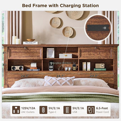 Farmhouse King Size Bed Frame with 54" Tall Headboard, Headboard with 4 Storage Rack, 2 Drawers, Wood Platform Bed Frame,18" Roman Column Decoration Footboard, No Box Spring Needed(Reclaimed Barnwood)