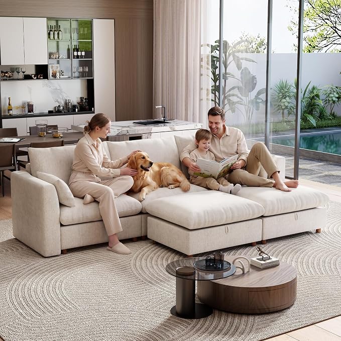 Ihanherry 117" Oversized Modular Sectional Sofa, Modern U Shaped Cloud Couch with 2 Storage Ottoman, 5-Seat Comfy Chenille Deep Seat Sofa with 2 Pillows for Living Room, Beige