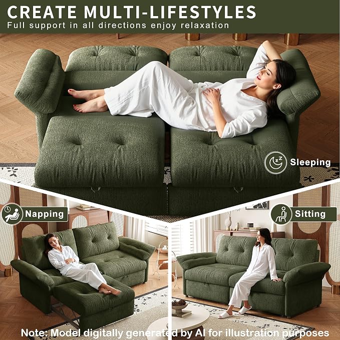 81.5" Pull Out Sofa Bed Full Size, Pre-Assembled Chenille Sleeper Sofa, Convertible Loveseat Futon Couch with Tufted, Pillows, for Apartment, Living Room, Small Spaces, dorms, Green