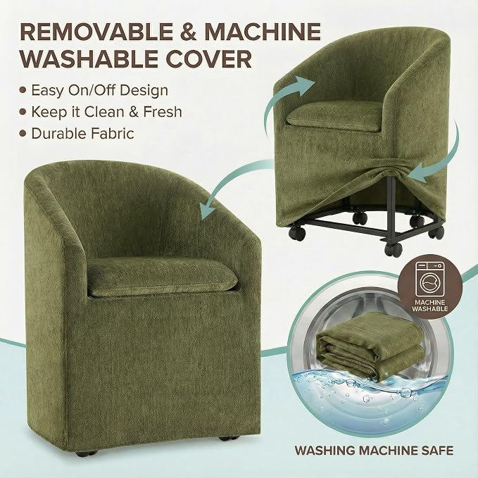 KISLOT Upholstered Dining Chairs Set of 1 with Casters, Modern Side Barrel Armchair with Washable Slipcover & Sturdy Metal Frame for Diningroom Bedroom Livingroom Reading Room, Green Fabric