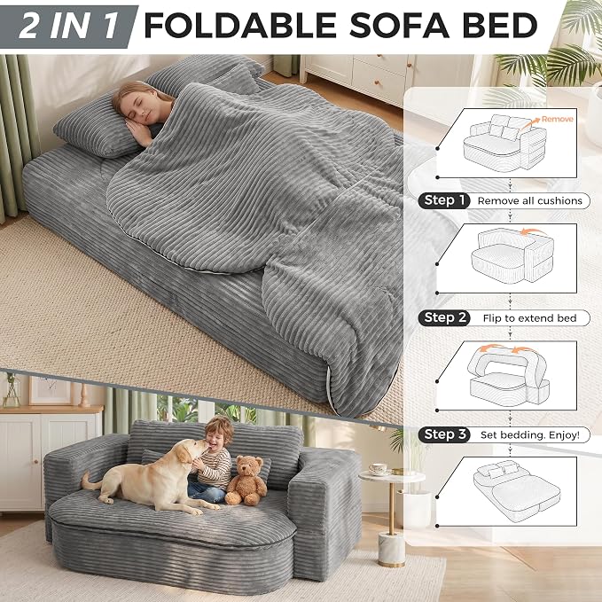 75" Boneless Couch Bed, Corduroy Fold Up Sleeper Sofa for Adults, Memory Foam Frameless Floor Couch with 4 Pillows & Blanket, No Assembly Foldable Guest Bed for Apartment,Living Room