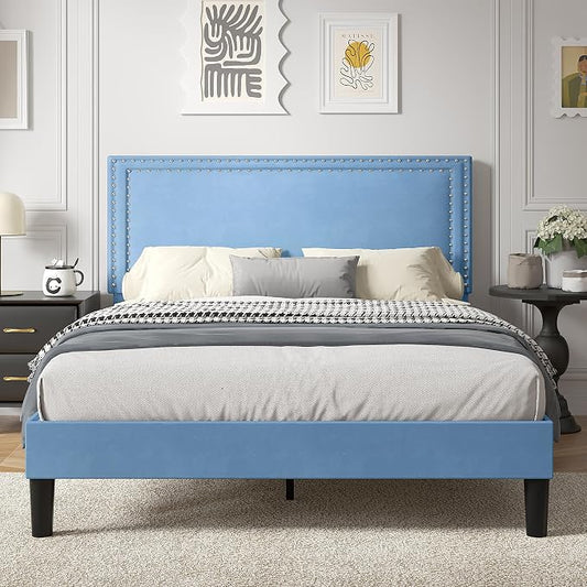 VECELO Queen Size Platform Bed Frame with Height Adjustable Upholstered Headboard, Modern Mattress Foundation,Strong Wood Slat Support, No Box Spring Needed, Easy Assembly,Light Blue