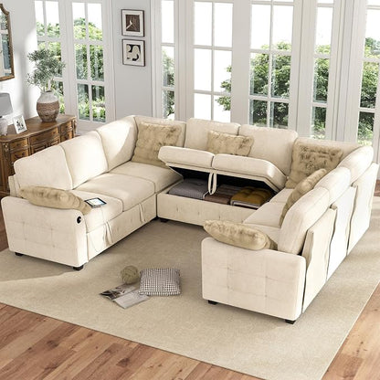 Hanherry Sectional Couch with Pull Out Sofa Bed,Chenille Sleeper Sofa with 2 Seat Storage & USB Charging,Comfy L Shaped Modular Couches for Living Room,Apartment