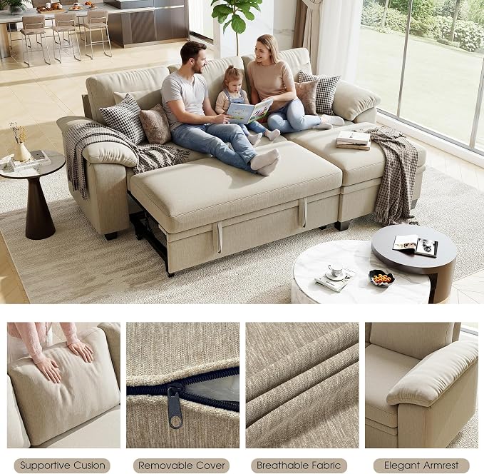 86" Modular Sectional Sleeper Sofa Bed, L Shaped 4 Seat Pull Out Couch with Storage Ottoman, Convertible Cloud Couch Bed, Sectional Couches for Living Room, Apartment (Sand)