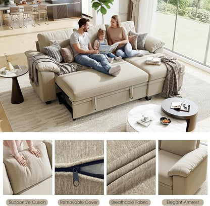 86" Modular Sectional Sleeper Sofa Bed, L Shaped 4 Seat Pull Out Couch with Storage Ottoman, Convertible Cloud Couch Bed, Sectional Couches for Living Room, Apartment (Sand)