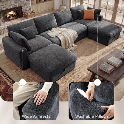 Ihanherry 141" Oversized Cloud Sectional Couches for Living Room, Modular Sectional Sofa with Wide Deep Seat, U Shaped Couch with Throw Pillow and Storage Ottoman, Dark Grey