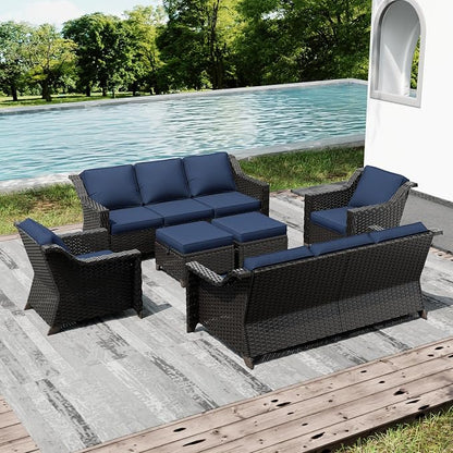 Joyside Wicker Patio Furniture Sets, 6 Pieces Upgraded Large Size Outdoor Furniture with Swivel Rocking Patio Chairs, Two 3-Seat Sofa, Outdoor Ottoman, Thick Cushions, Wide Armrest, Blue