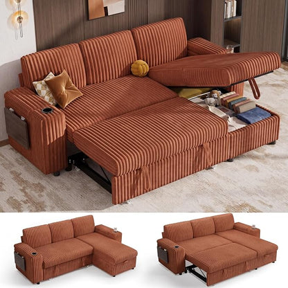 Vipbear 86" Modular Sectional Sleeper Sofa with Pull Out Bed, 3 Seat Plush Corduroy L Shaped Couch with Storage Chaise|USB Ports|Cup Holders|Side Table|Storage Armrests, Tool Free Assembly, Orange