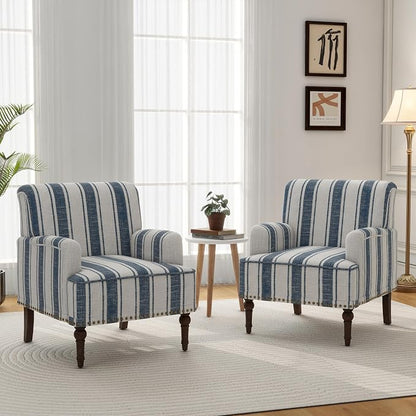 Accent Chair, Mid Century Modern Comfy Armchair for Living Room, Linen Fabric Single Sofa Lounge for Reading Bedroom Apartment Waiting Room with Wood Legs (Dark Blue Stripe, Set of 1)