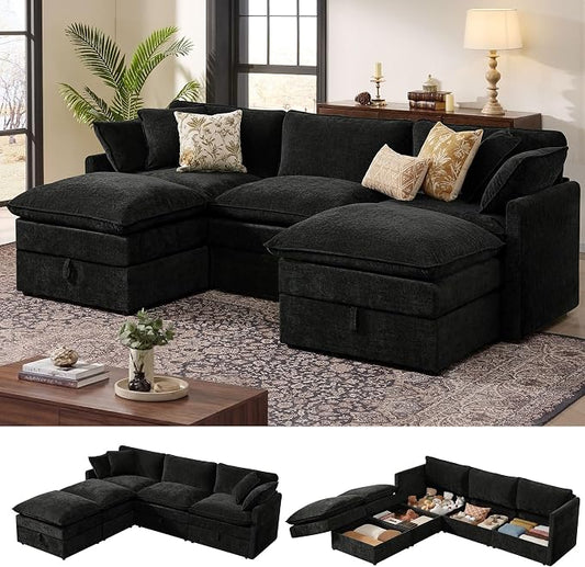 Ihanherry 103” Modular Sectional Sofa with Storage, U Shaped Cloud Couch with Movable Ottomans & 4 Pillows, Chenille Deep Seat Sectional Couches for Living Room, Apartment (Black)