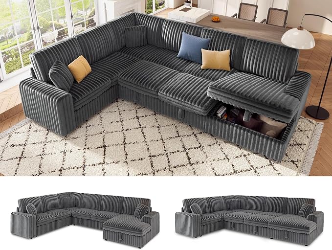 VanAcc 130" Sofa Bed, Sectional Sleeper Sofa with Pull Out Bed, Sleeper Couch for Living Room, 6 Seater Couch with Storage, Faux Fur Dark Grey