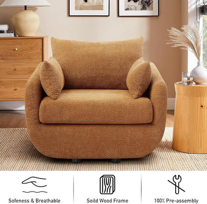 360° Swivel Accent Armchair, 39.3" Oversized, Sherpa Boucle Fabric Sofa Chair with Removable Back & Arm Pillows, Swivel Chair with Cozy Soft Padded (1, Curry)