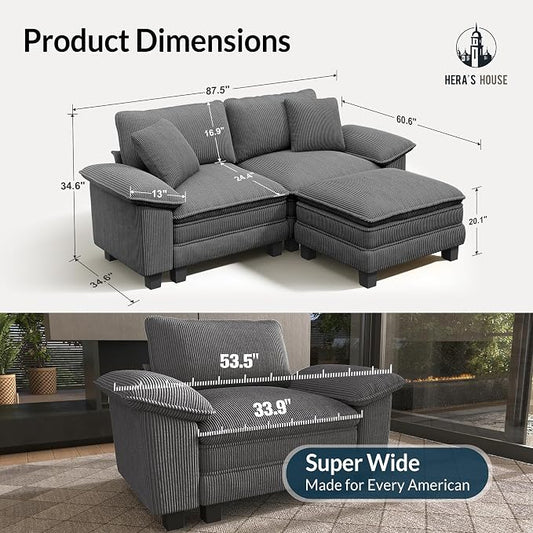 HERA'S HOUSE 88" Modular Sectional Sofa, L Shaped Couches for Living Room, Comfy Cloud Couch with Ottoman, 3-Seater Deep Seat Sofa with Throw Pillow, Corduroy Grey