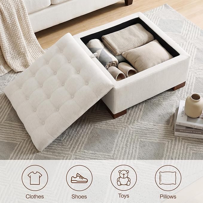 30 Inch Square Storage Ottoman Coffee Table, Modern Tufted Upholstered Ottoman with Flip Tray and Solid Wood Legs, Suitable for Living Rooms, Linen Beige