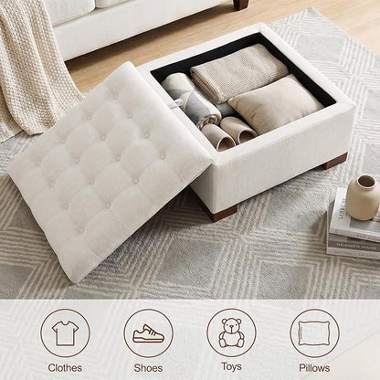 30 Inch Square Storage Ottoman Coffee Table, Modern Tufted Upholstered Ottoman with Flip Tray and Solid Wood Legs, Suitable for Living Rooms, Linen Beige