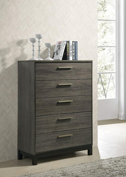 Roundhill Furniture Ioana 187 Antique Grey Finish Wood Bed Room Set, Queen Size Bed, Dresser, Mirror, Night Stand, Chest