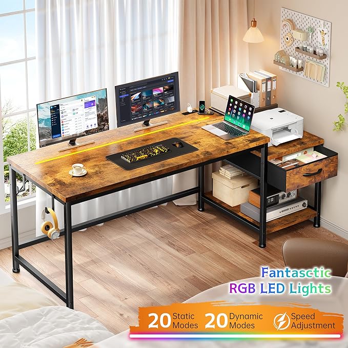 DurayLoly 56" Computer Desk with Printer Shelf & Power Outlets – Reversible Gaming Desk with LED Lights, Drawer & Headphone Hook for Teen Bedroom, Dorm, Home Office, Rustic Brown